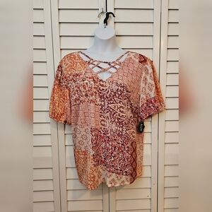 Women's 3X Short Sleeve Crisscross Top Blouse Puff Sleeve Crinkly Fall Orange